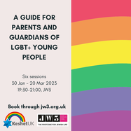 The advert for an old workshop we did on 'A guide for parents and guardians of lgbt+ young people' at JW3