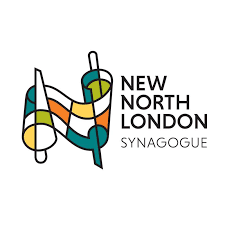 New north london synagogue logo. Abstract torah scroll on the left and text saying new north london synagogue on the right